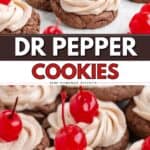 Dr Pepper cookies with swirled frosting and cherries on a tray, near a Dr Pepper bottle and cherries.