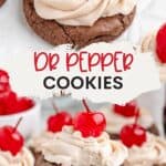 Chocolate cookies with light brown frosting and cherries, labeled “Dr Pepper Cookies,” with a recipe website link.