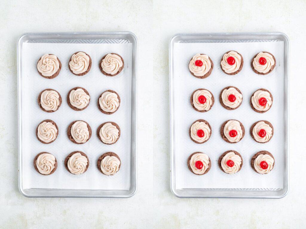 Two trays with 15 pink-frosted chocolate cookies each; right tray cookies have cherries, left tray do not.