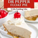 A slice of Dr Pepper Pie with whipped cream and a cherry, served on a plate with a fork.