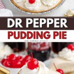 Dr Pepper pie in graham crust, topped with whipped cream and cherries; one slice being served.