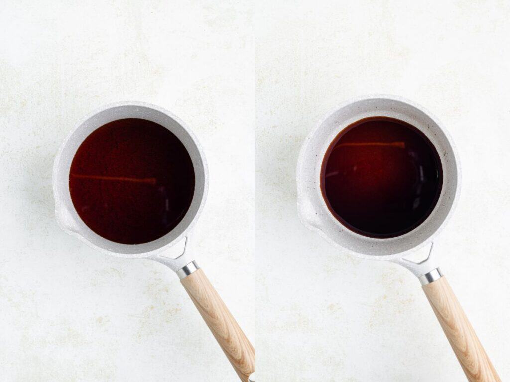 White saucepan with wooden handle, filled with dark liquid, viewed from above; two images side by side on light background.