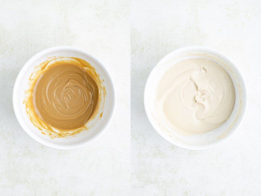 Collage of four steps making a pie: mixing filling, pouring in crust, adding whipped topping, placing cherries.