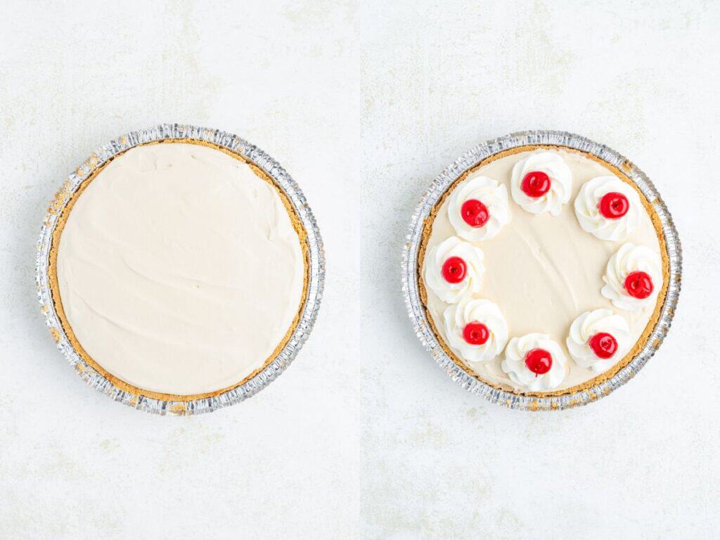 Plain cream pie beside a decorated cream pie with whipped cream swirls and cherries, both in foil pans.