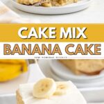 Square banana cake with white frosting and banana slices on a plate; whole bananas are in the background.