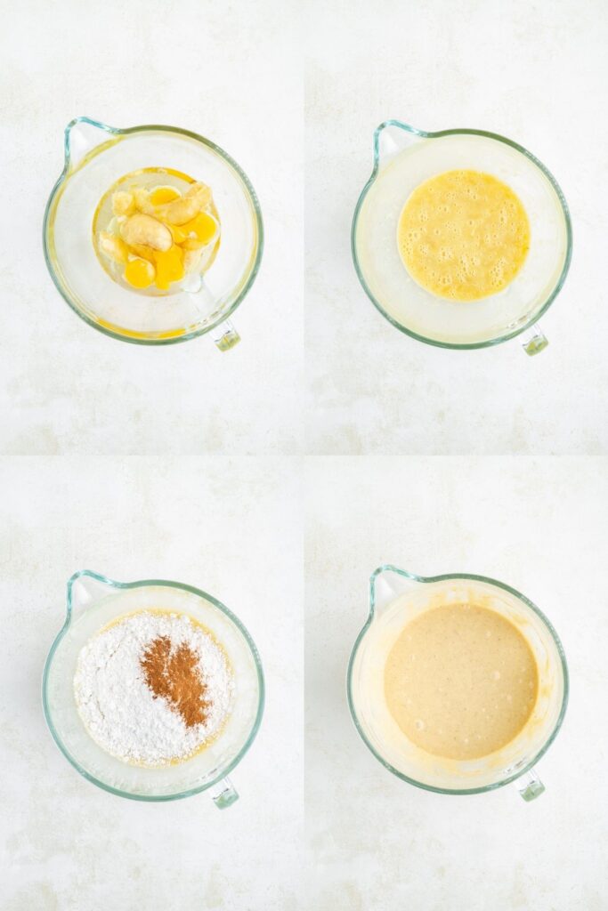 Four-step collage: eggs, sugar, bananas mixed, then flour and cinnamon added, creating batter.