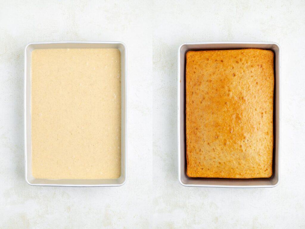 Rectangular cake pan, left with raw batter, right with baked golden-brown cake. Side-by-side comparison.