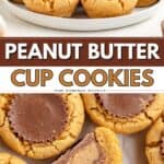 Peanut butter cookies topped with chocolate cups on a plate, one cookie cut to reveal the filling.