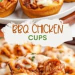 BBQ chicken cups with melted cheese and parsley on a white plate, set atop a wooden surface.