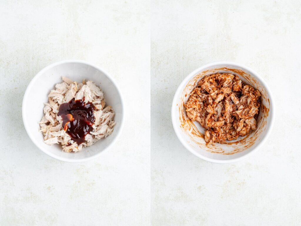 Two white bowls, one with plain shredded chicken and barbecue sauce, the other with chicken mixed in sauce.