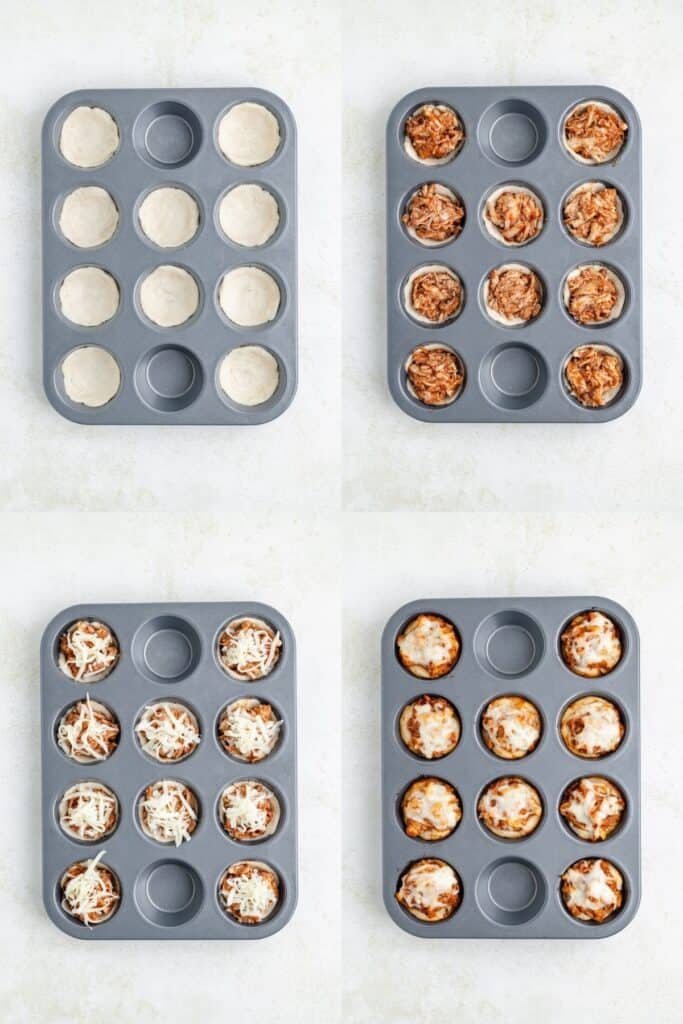 Mini pizza preparation in muffin tin: dough, sauce, cheese added, then baked pizzas shown in four steps.