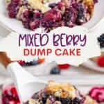 Mixed berry dump cake with vanilla ice cream on a plate, fresh berries, and a spoon lifting cake from dish.