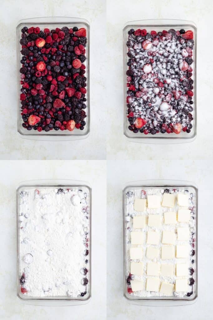 Four steps to make a berry dessert: frozen berries, sugar, flour, then butter slices on top.