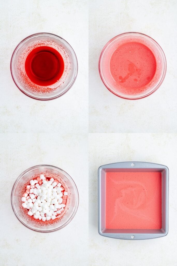 Four steps making Jello Roll Ups: red gelatin mix, blended pink liquid, added mini marshmallows, poured into baking pan.