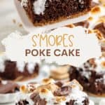 A slice of smores poke cake with toasted marshmallows and chocolate on a spatula, more pieces behind.