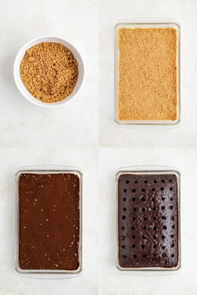 Four panels show dessert prep: crumbs in a bowl, crumbs pressed in dish, batter added, cake with holes.