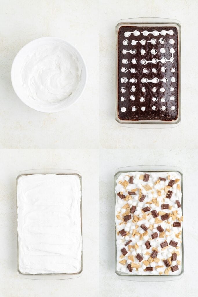 Four-step collage showing whipped topping, chocolate cake with cream, spread cream, and candy-topped finished cake.