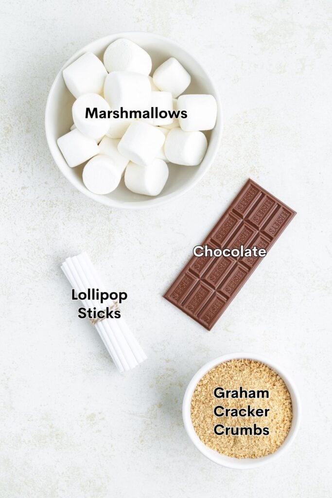 Marshmallows, chocolate, graham cracker crumbs, and lollipop sticks arranged on a white surface with labels.
