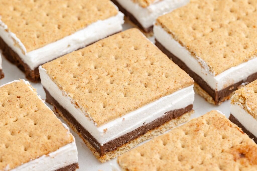 Rows of s'mores ice cream sandwiches with graham crackers, marshmallow, and chocolate on a white surface.