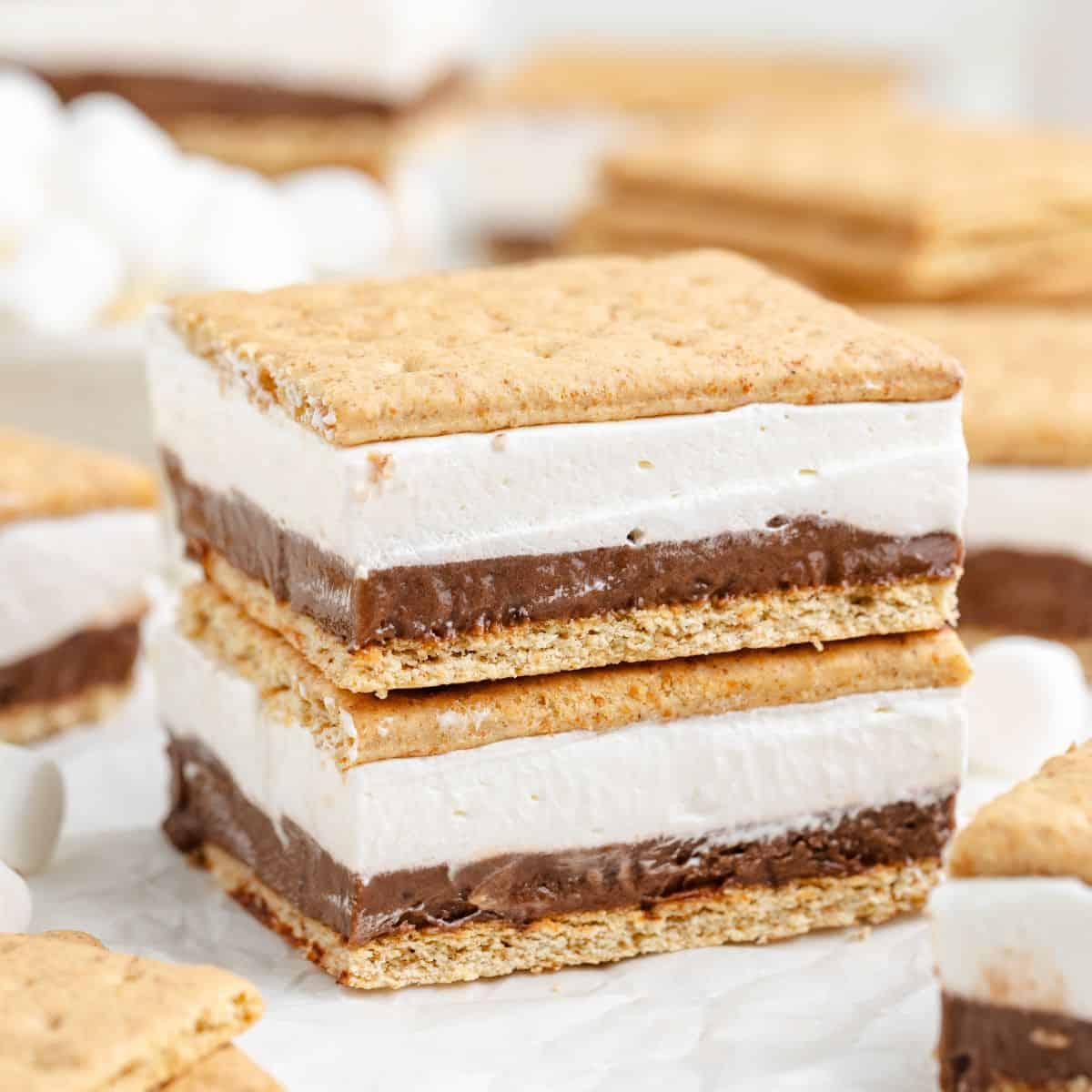 Two stacked frozen s'mores bars display graham cracker, chocolate, and marshmallow layers; extra bars and marshmallows behind.