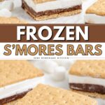 Stacked frozen s'mores bars with graham crackers, chocolate, marshmallow layers, and a bite taken from one.