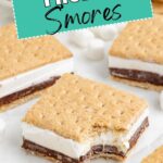 Square frozen s'mores with a bite taken out, "Frozen S'mores" text above, mini marshmallows behind.