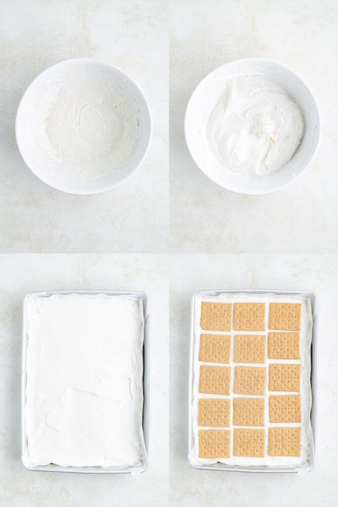 Mixing cream, spreading it in a pan, and adding square graham cracker layer; process shown in four images.