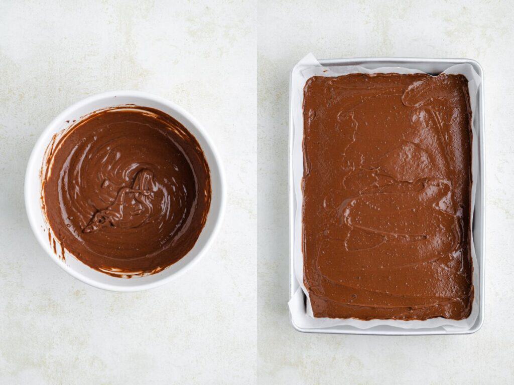 Bowl of chocolate batter beside a baking pan with batter spread in parchment paper.