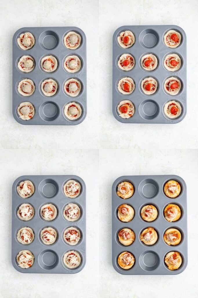 Muffin pan of mini pizzas shown at each stage: sauce, cheese added, pre-baked, and golden baked.