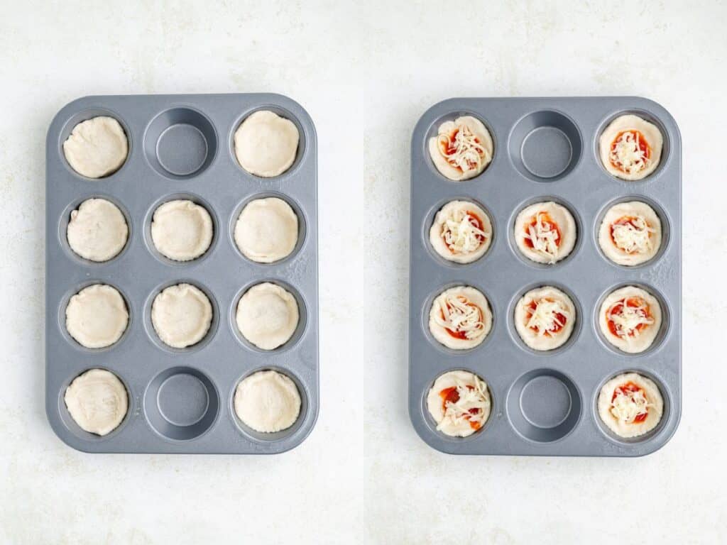 Two muffin trays: left with plain dough, right with dough topped with shredded cheese and tomato pieces.