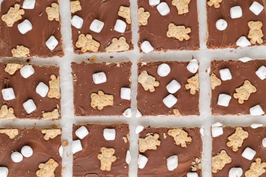 Twelve chocolate s'mores bark topped with mini teddy bear cookies and marshmallows, arranged on a white background.