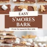 Chocolate bark squares with mini marshmallows and teddy bear cookies stacked on a plate, extras around.