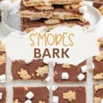 Stacked chocolate s'mores bark squares with mini marshmallows and teddy bear cookies on a white plate.