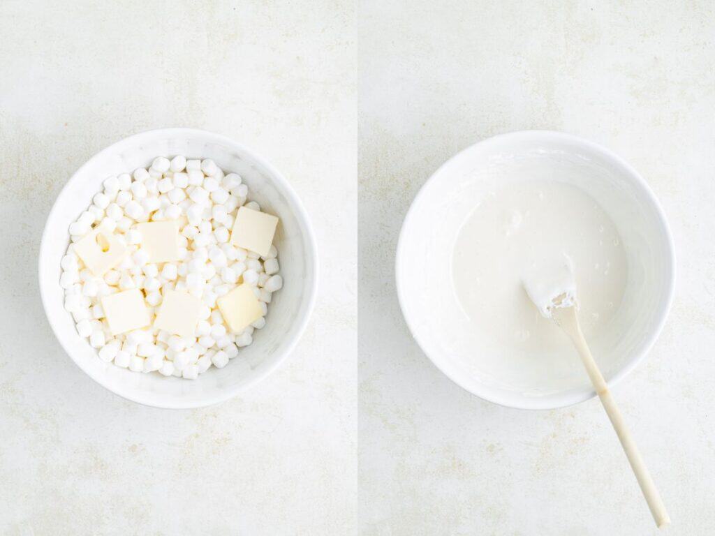 Two white bowls: one with marshmallows and butter, the other with melted mixture stirred by a wooden spoon.