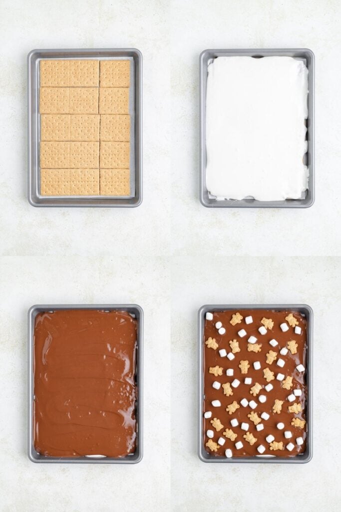 Four steps showing graham crackers, marshmallow, chocolate layers, and finished dessert topped with mini marshmallows.
