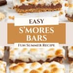 Stacked smores bars with toasted marshmallows and chocolate on graham crust, next to a sign reading Easy Smores Bars.