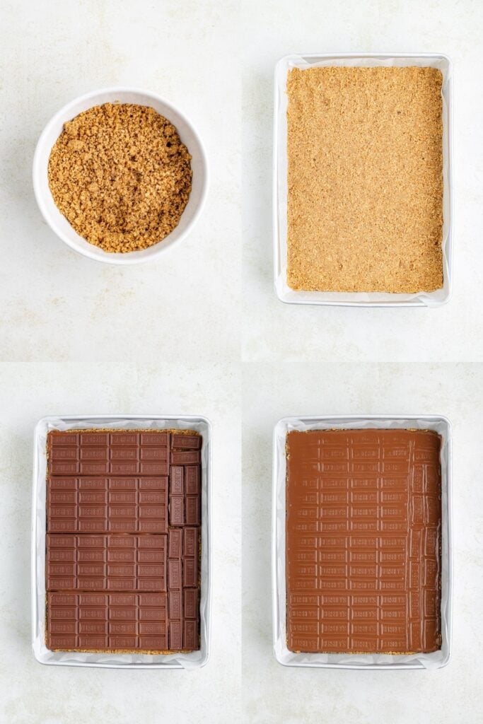 Four images show graham cracker crust made, pressed, topped with chocolate bars, then melted into a smooth layer.