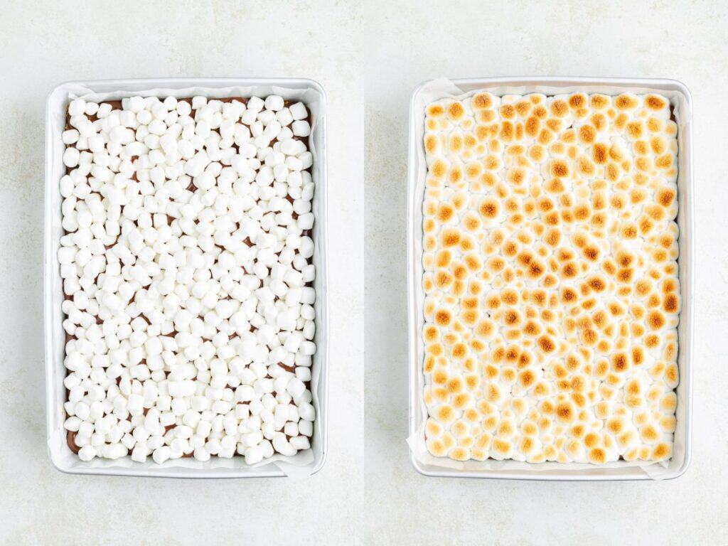Two dessert pans side by side: left with mini marshmallows, right with golden toasted marshmallows.