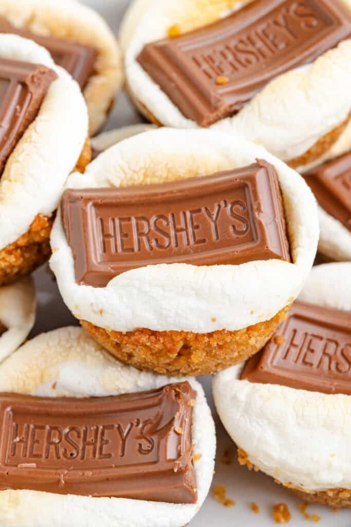 Close-up of s'mores bites: toasted marshmallow on graham cracker, topped with a piece of Hershey's chocolate.