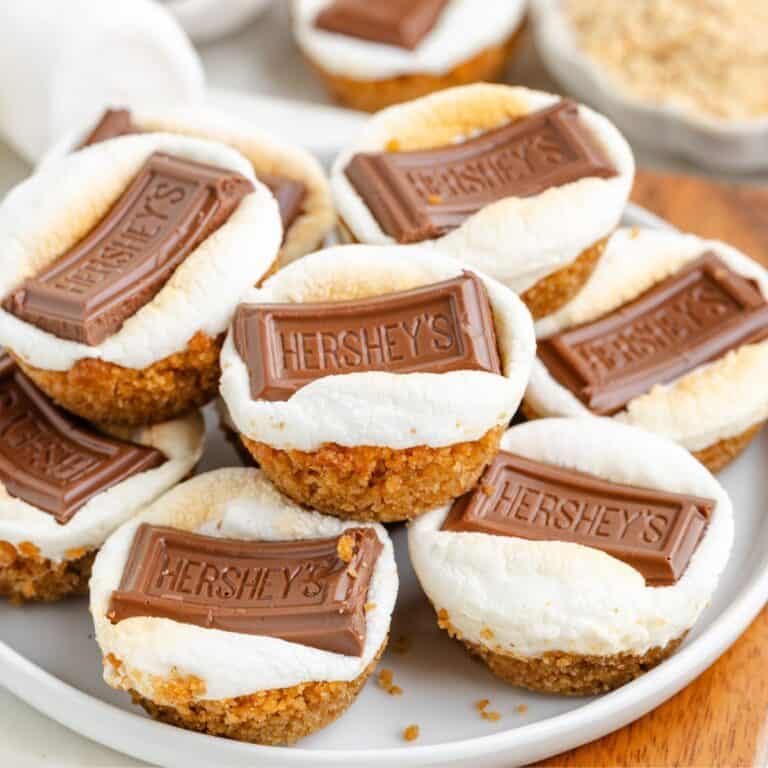 Plate of mini s'mores bites with graham cracker base, toasted marshmallow, and Hershey's chocolate pieces on top.
