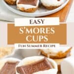 Plate of s'mores cups with graham cracker base, toasted marshmallow, and Hershey's chocolate pieces on top.