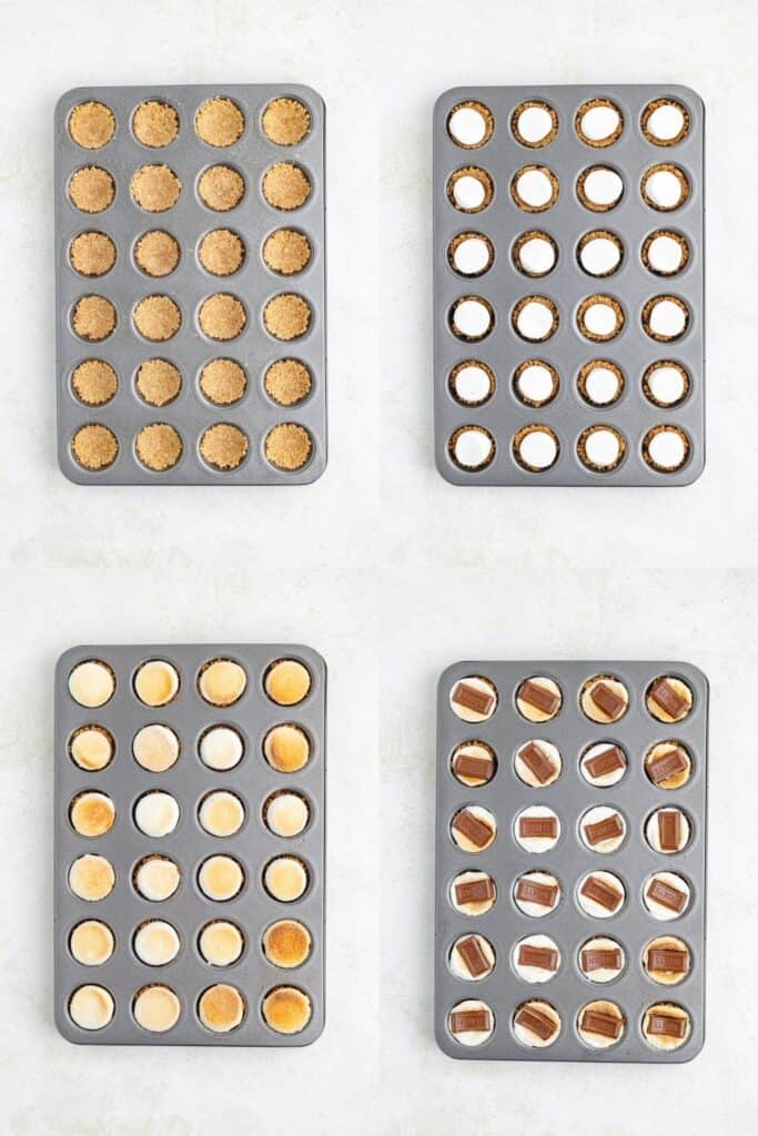 Four muffin tins on a light surface, each showing a stage in making mini Smores bites from crust to finished dessert.