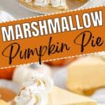 Marshmallow pumpkin pie with graham cracker crust, topped with whipped cream swirls; a slice is being served.