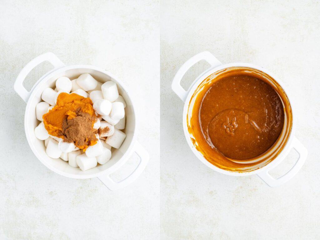 Side-by-side: marshmallows, pumpkin puree, and spices in a pot; then the mixture melted into smooth orange batter.