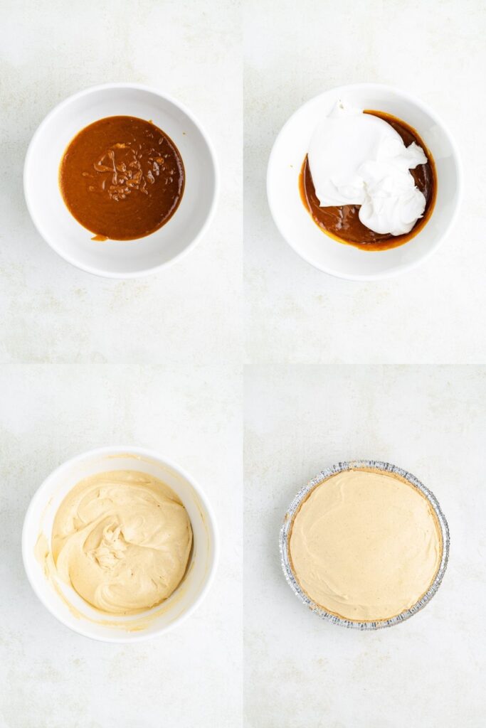 Making pie filling: melted mixture, adding whipped topping, mixing smooth, and spreading into pie crust.