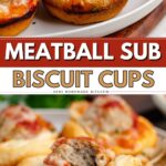 Meatball Sub Cupcakes with melted cheese and marinara, one cut open to reveal meatball filling.