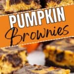 Stacked marbled pumpkin brownies with small pumpkins blurred in the background and a website URL below.