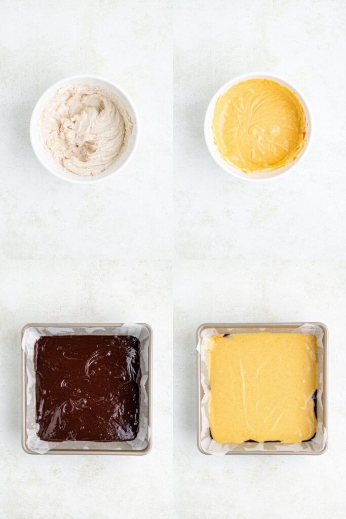 Two bowls of batters and a pan being layered with chocolate and yellow batter on a light surface.