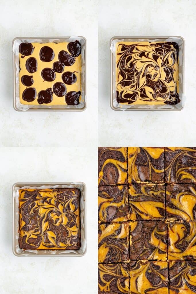 Four-panel image of making marbled brownies: adding chocolate, swirling, baking, and cutting into squares.