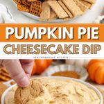 Hand dips cookie into a bowl of Pumpkin Pie Dip cheesecake, surrounded by crackers, pretzels, and cookies.